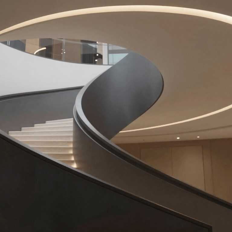 Modern glass staircase with warm bronze LED lighting under each step, minimalist aesthetic, high-end Sacramento home.