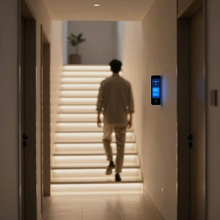 A stylish hallway at night where the stairs automatically light up as a person approaches, showcasing smart home technology.