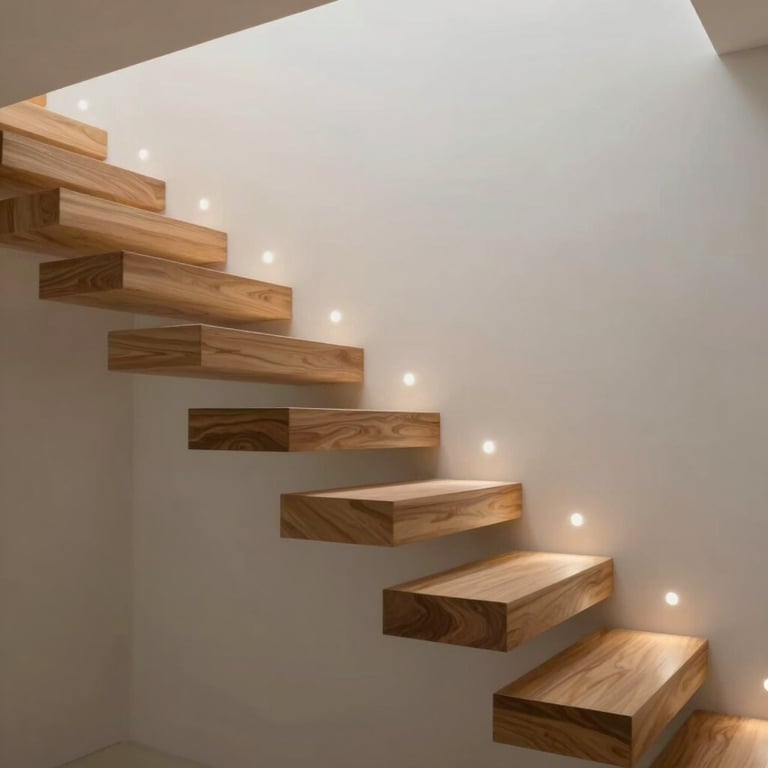 Floating wooden stairs with integrated motion-activated lighting casting soft glows on the wall, luxury interior design.