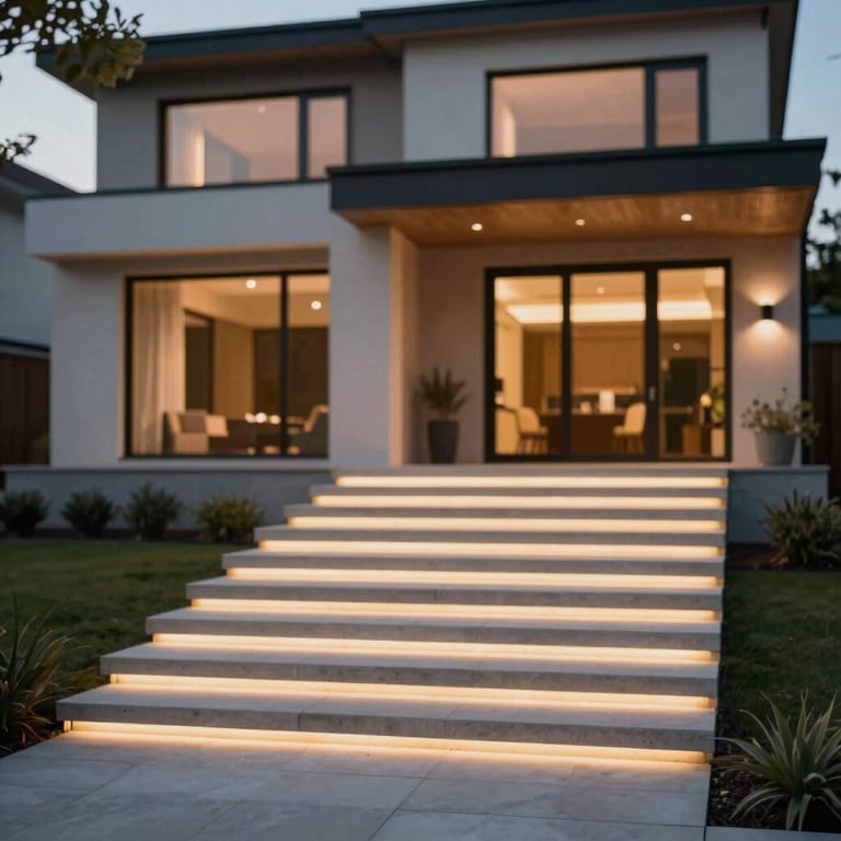 Contemporary home exterior showing illuminated outdoor stone steps with subtle warm lighting, professional architectural style.