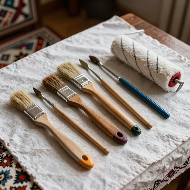 A clean and organized set of painting tools, brushes and rollers, laid out on a drop cloth in an Anatolian house.