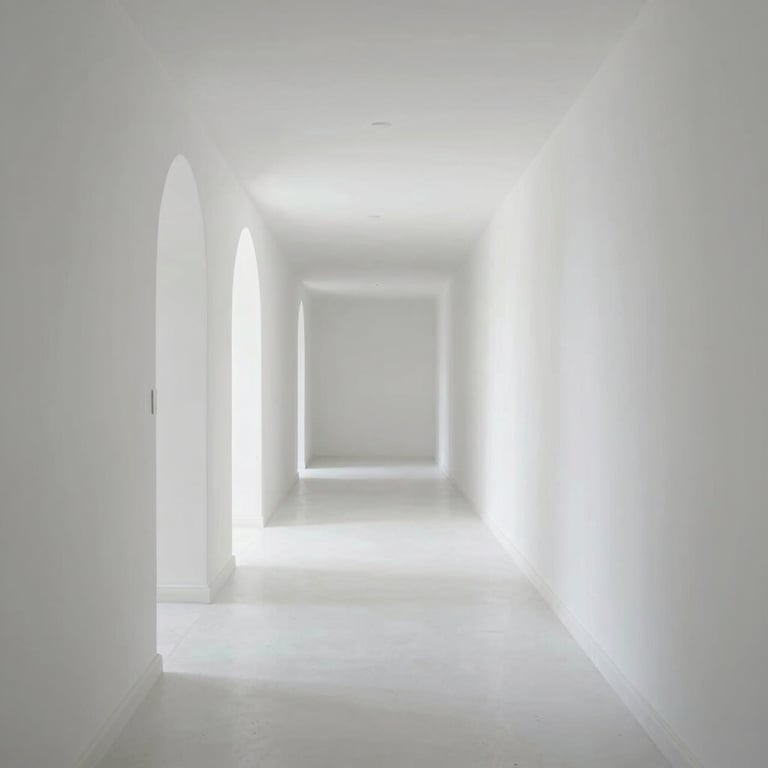 A wide shot of a masterfully painted bright white hall in a Turkish apartment with smooth textures.