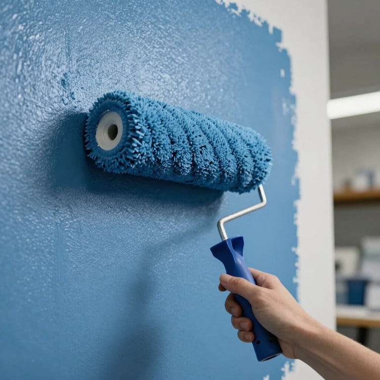 Detail shot of a professional paint roller applying peter river blue paint to a shop interior wall.