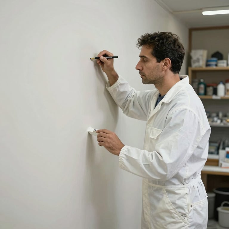 A painter in professional white overalls standing by a finished wall in a local Aksaray shop, reflecting expertise.