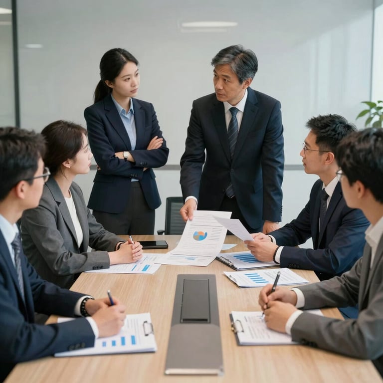Business professionals discussing metrics in a conference room, North American / Global Business, corporate, Dark Navy and Light Gray tones.