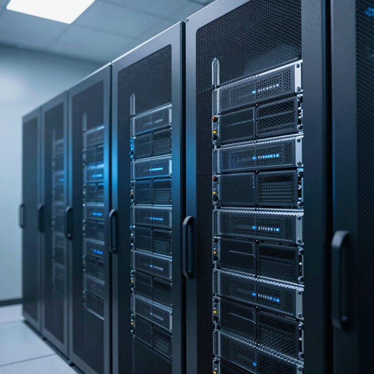 Server racks in a modern data center, pristine and secure environment, Blue lighting.