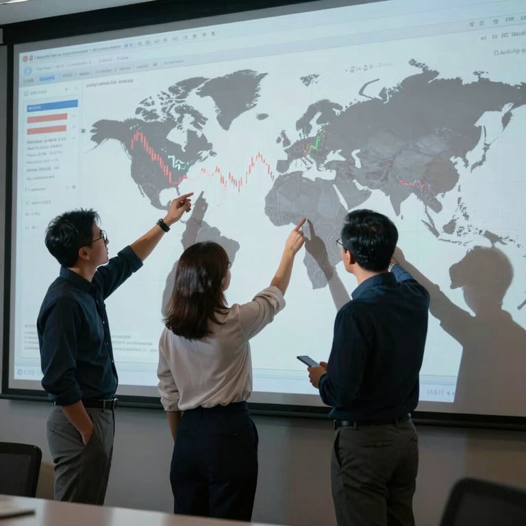 Colleagues analyzing a large wall projection of financial trends, professional attire, North American / Global Business.