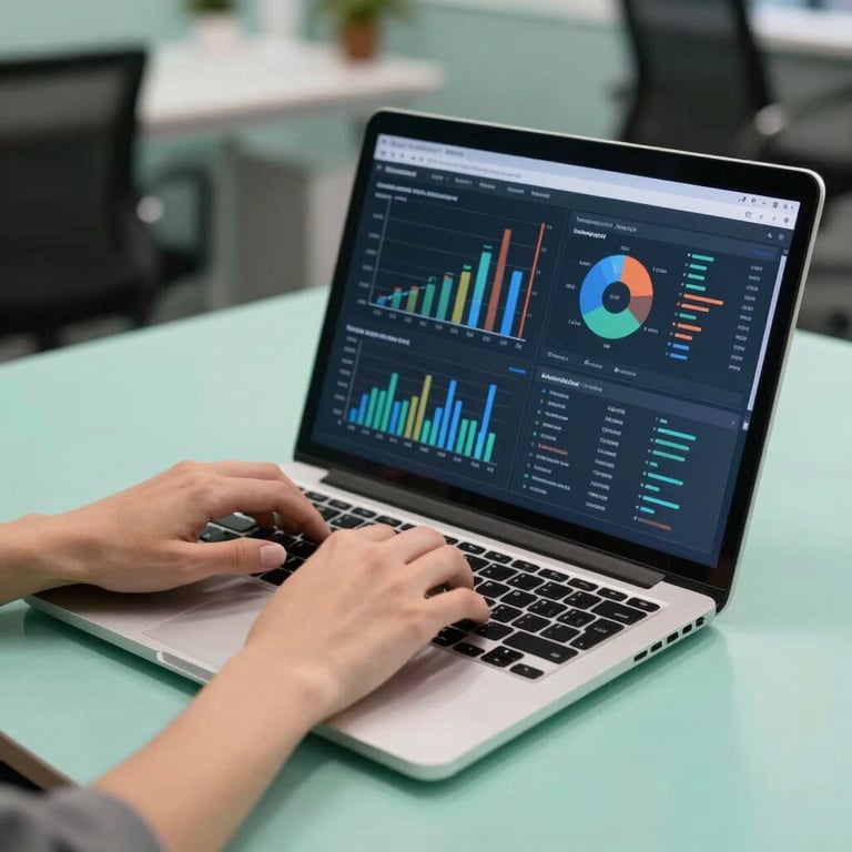 Data analyst typing on a laptop with complex graphs on screen, modern office, Light Green accents.