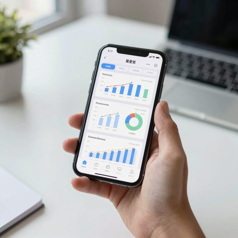 Hand holding a smartphone displaying an analytics app, modern desk background, bright office.