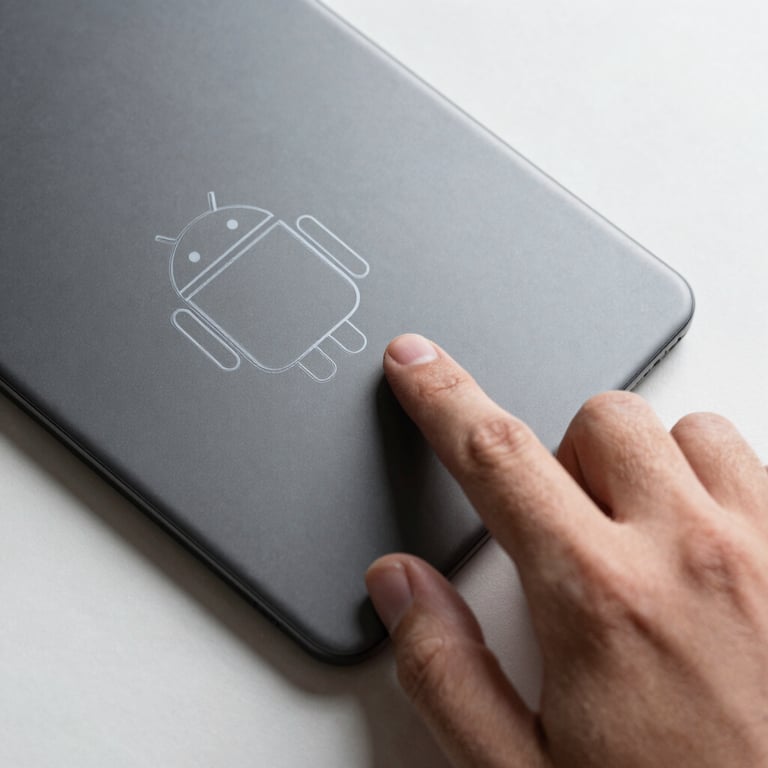Top-down macro studio shot of a hand interacting with a high-contrast Android UI wireframe on a slate gray device, soft shadows, bright neutral light.