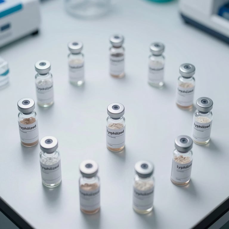 Wide overhead flat-lay of multiple lyophilized powder vials arranged on a matte white lab surface, cool shadowless clean-room lighting, vials labeled with minimal text, powder visible through glass, clinical precision framing