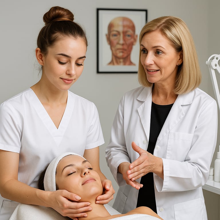 Professional esthetician instructor teaching a student facial massage techniques on a client in a spa clinic.