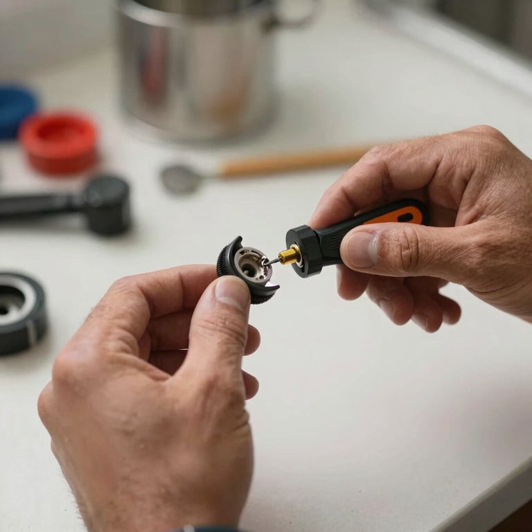 Close-up of a technician's hands using professional tools to repair a socket in a North American / US kitchen.