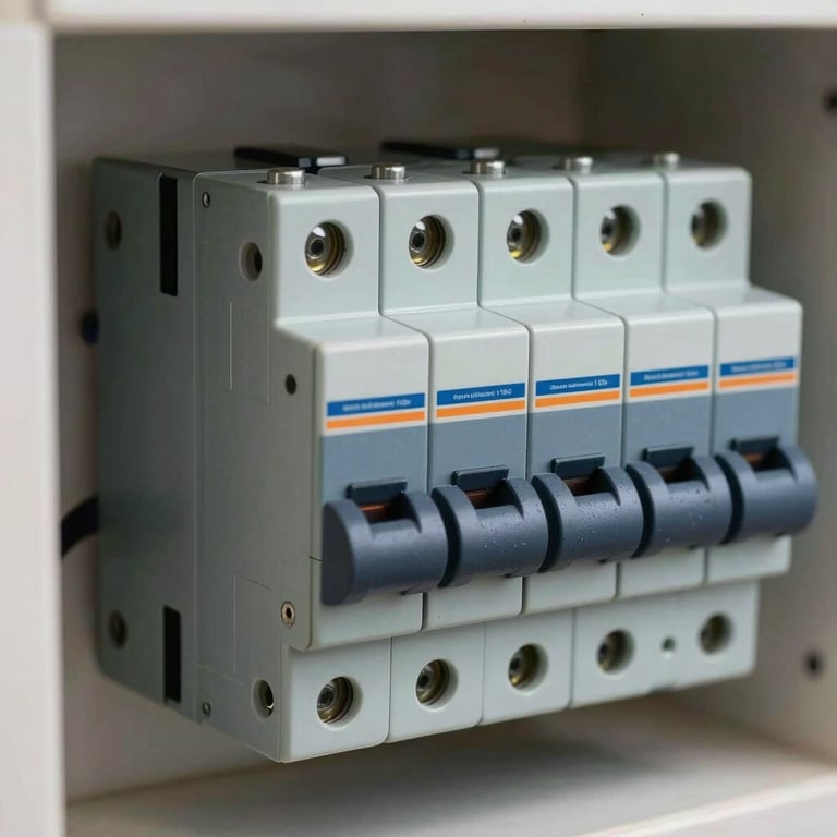 Detailed shot of a newly installed circuit breaker in a North American / US home, featuring clean deep slate grey metal housing.