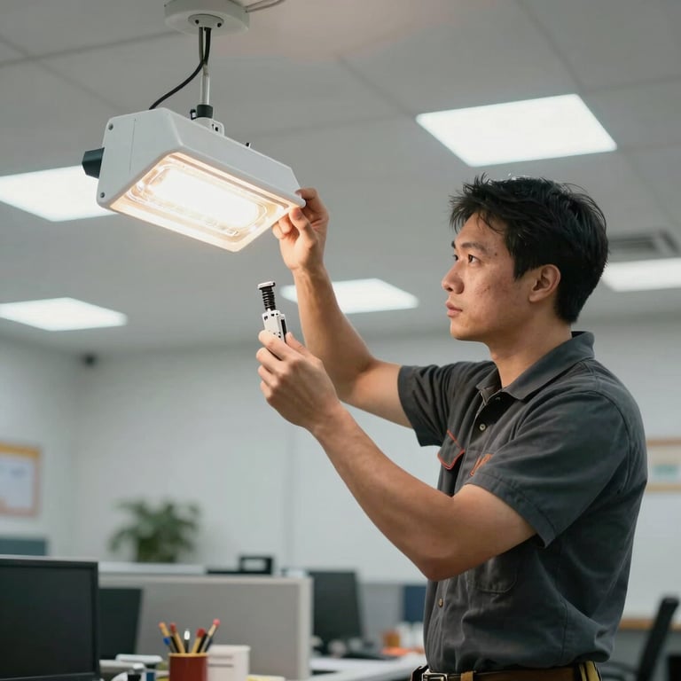 A professional electrician testing a commercial light fixture in a North American / US office space with bright lighting.