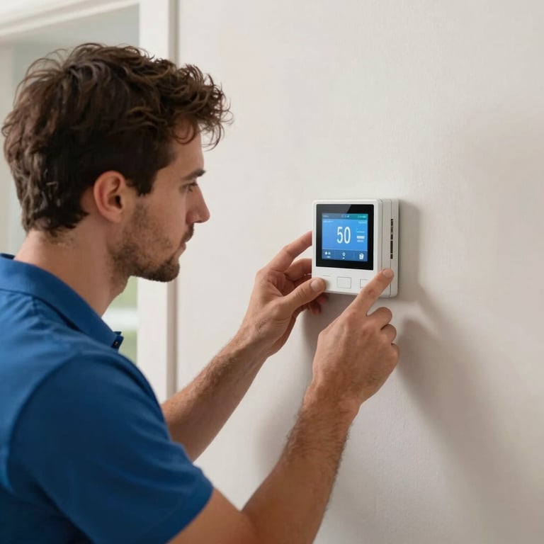 An electrician installing a smart home thermostat in a modern North American / US living room with soft off-white walls.