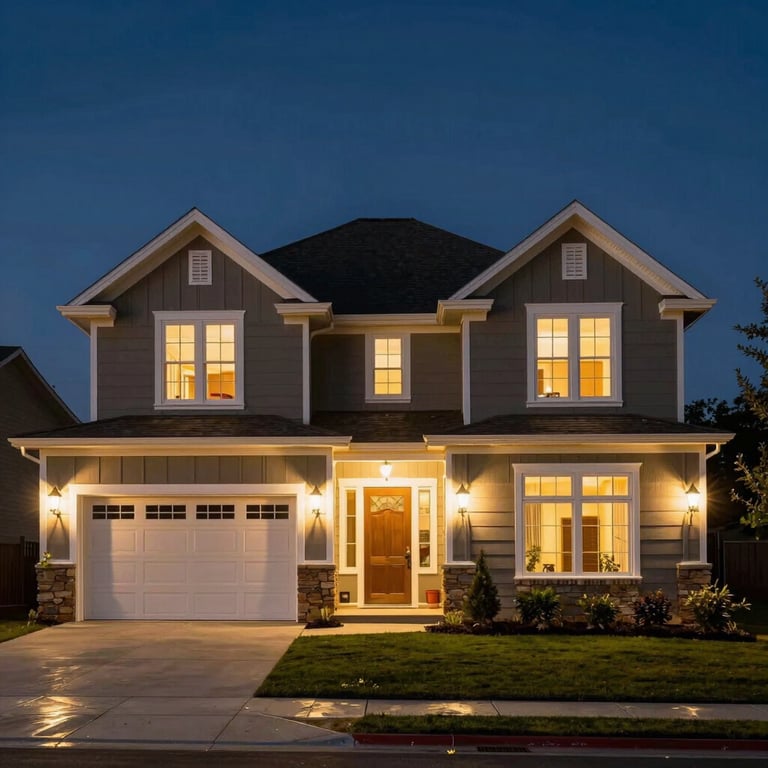 A beautiful North American / US home exterior at night, perfectly illuminated by warm, high-quality landscape lighting.