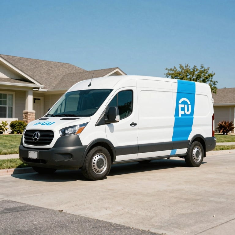 A branded service van with bright sky blue accents parked in a sunny North American / US suburban driveway.