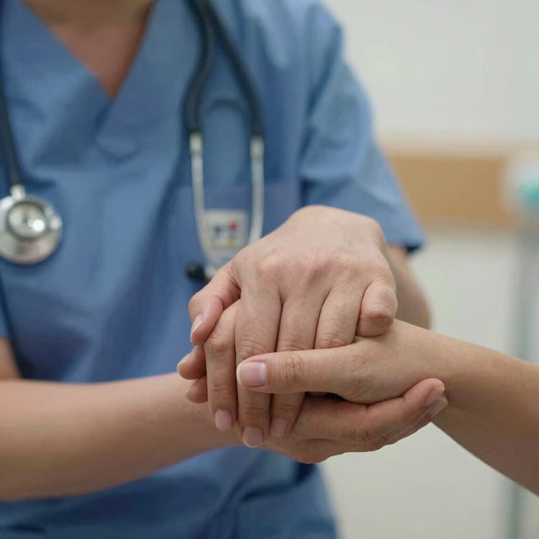 Close-up of a nurse's hand holding a patient's hand in a UK day care center, emphasizing support and compassion.