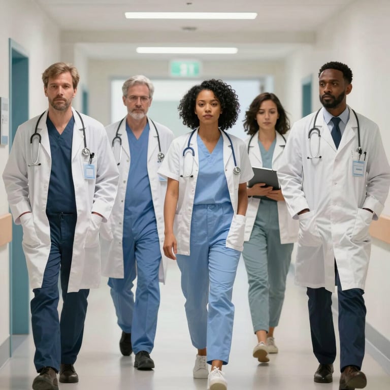A team of diverse European British healthcare professionals walking through a bright hospital corridor in a professional manner.