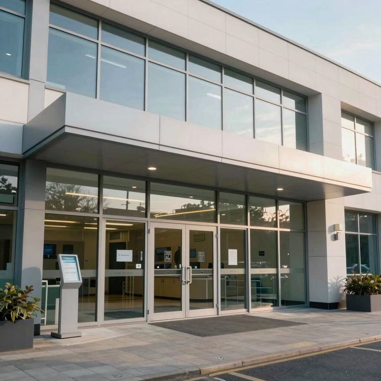 A modern European British hospital entrance with clean lines and soft daylight, reflecting professional healthcare standards.