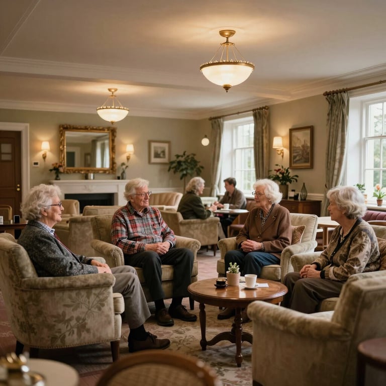 Interior of a comfortable, high-end UK old-age care home lounge with warm lighting and supportive atmosphere.
