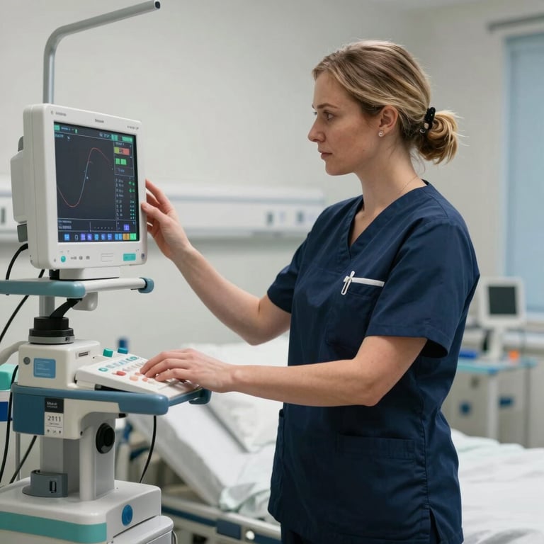 A focused European British nurse in navy blue scrubs checking a medical monitor in a high-tech hospital ward.