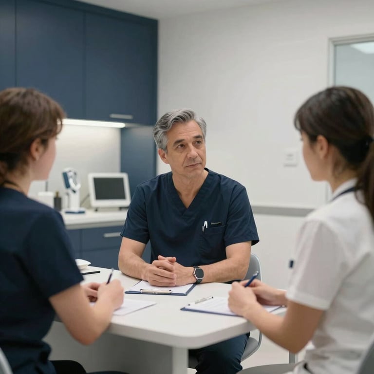 A professional medical consultation room in a British clinic, featuring dark navy accents and bright, clean surfaces.