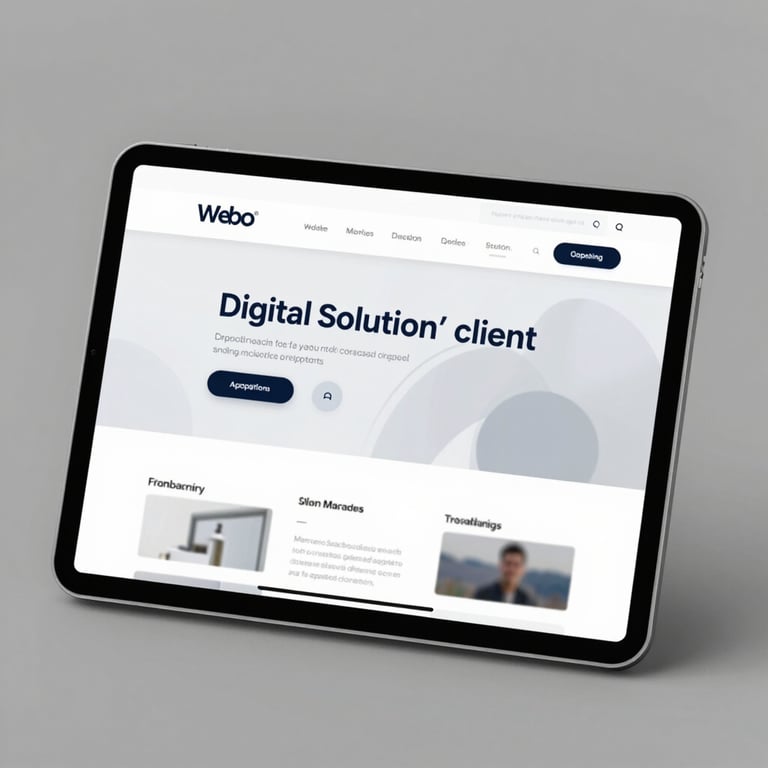 A tablet displaying a sophisticated, clean web application interface designed for a digital solution client.