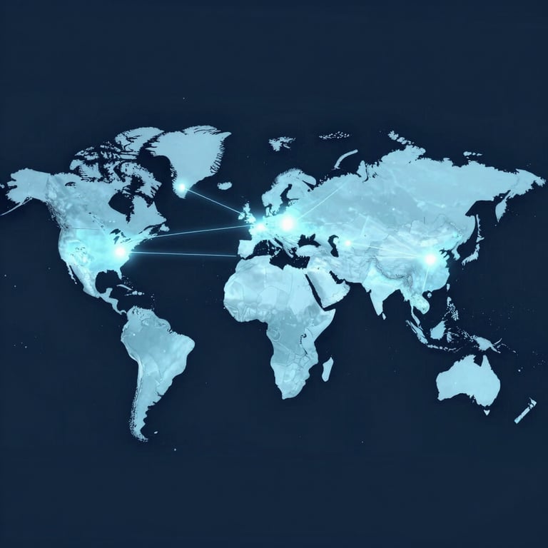 A stylized map of the world with glowing connections between Georgia and global hubs, using light blue #A0DCE8.
