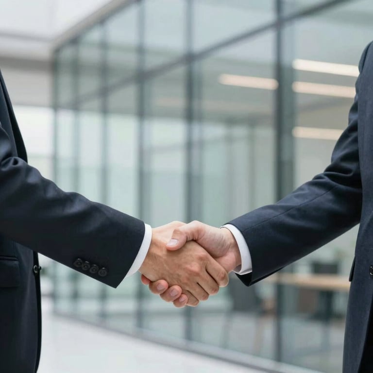 Two professionals shaking hands in a bright, modern glass office, symbolizing a trustworthy partnership.