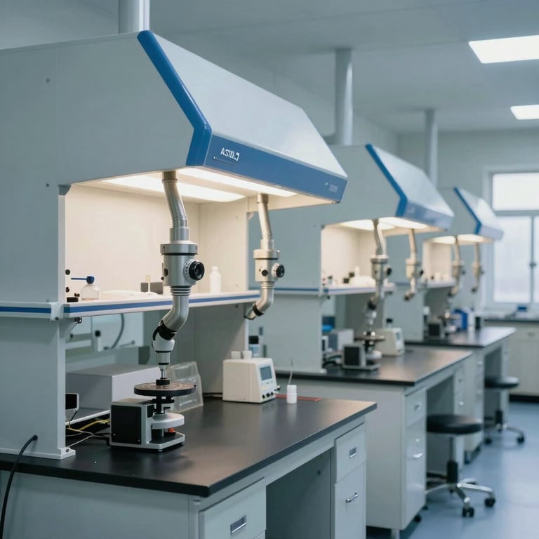 A series of laboratory workstations with specialized air extraction hoods in a bright, modern South Asian / Indian research facility.