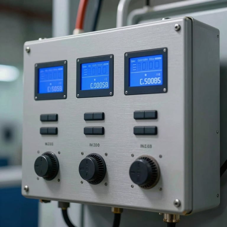 A sophisticated HVAC control interface with steel blue digital displays in a professional South Asian / Indian industrial setting.