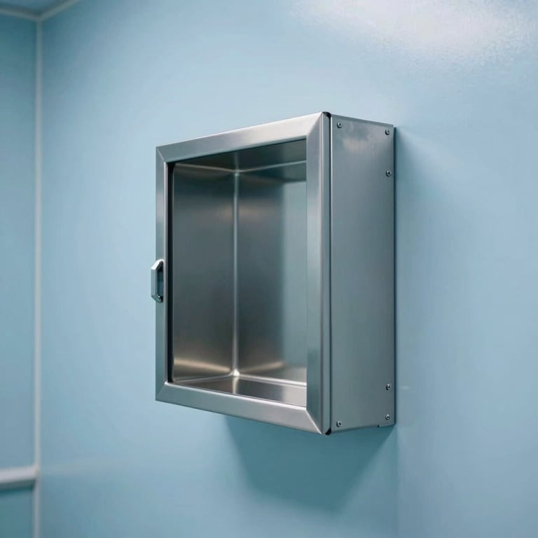 A sleek stainless steel pass-through box mounted in a pale sky blue modular cleanroom wall, reflecting a clean and modern design.