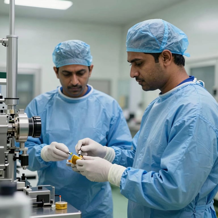Two South Asian / Indian technicians in full sterile blue suits performing a quality check inside a pharmaceutical processing zone.