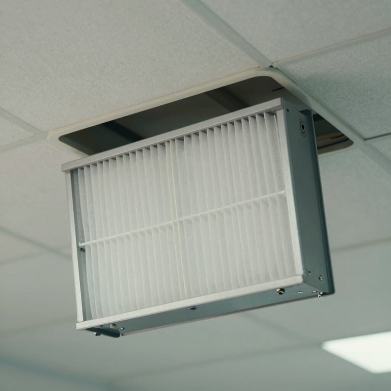 Close-up of a high-efficiency HEPA filter unit being installed into a soft off-white ceiling grid in a South Asian / Indian lab.