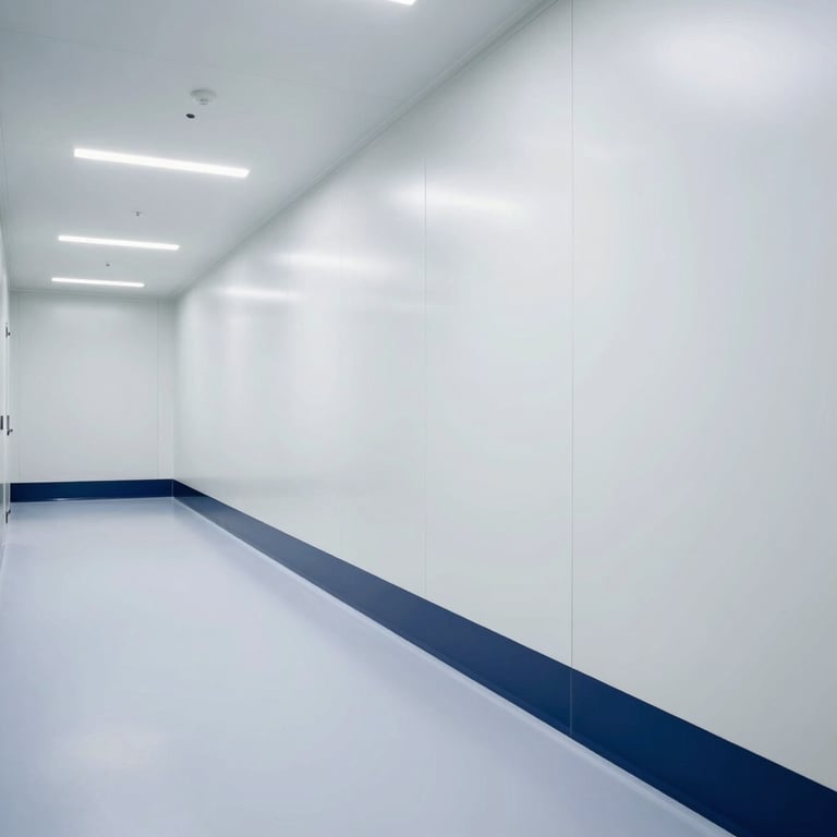 An empty, gleaming white modular cleanroom corridor with deep navy blue baseboards and professional linear LED lighting.