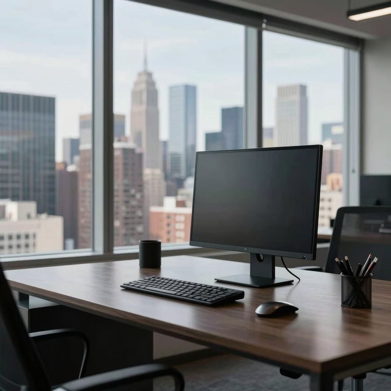 A sleek, modern desk setup in a North American skyscraper with a clear view of the city skyline through the large window.