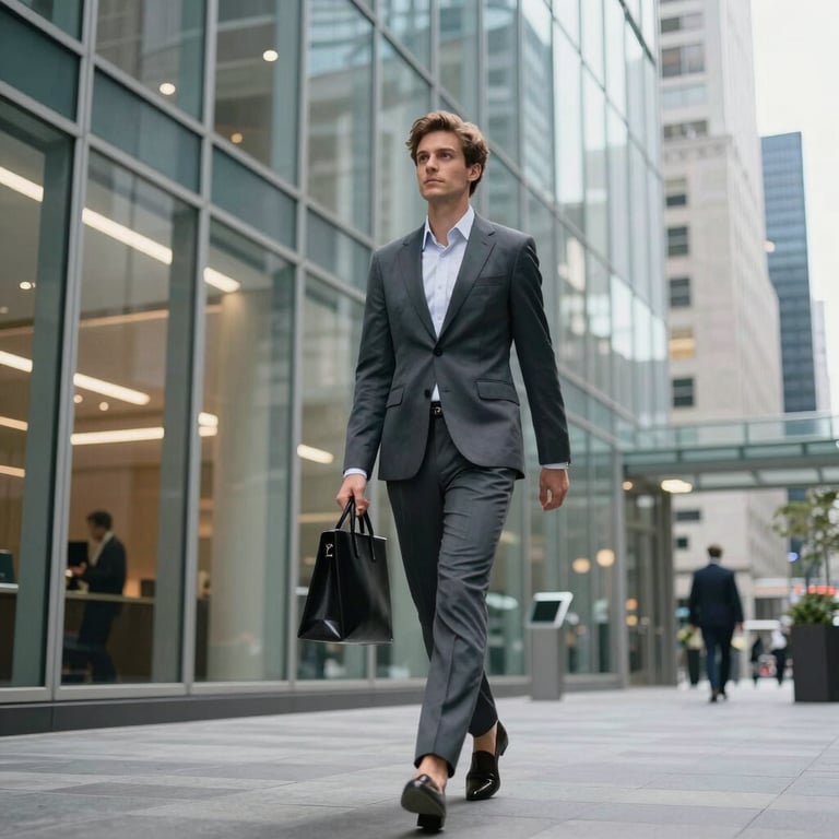 A confident professional in business attire walking through a brightly lit, glass-walled financial center in a major North American city.