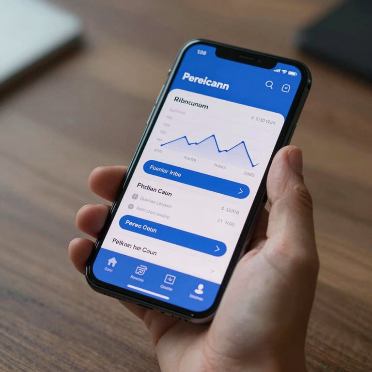 A close-up of a hand holding a premium smartphone showing a sophisticated financial application with royal blue accents.