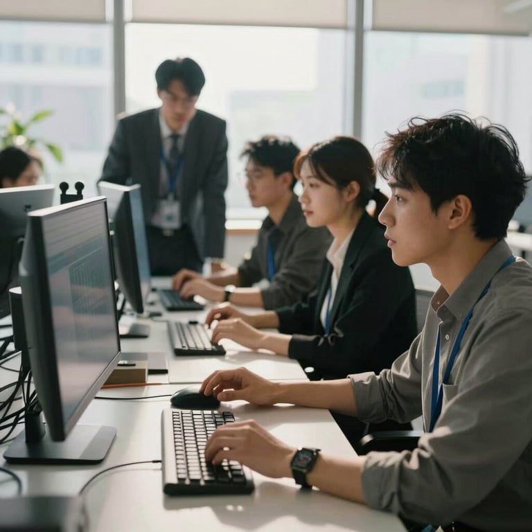 A collaborative group of professionals in a modern North American office setting, focused on high-tech screens, lit by soft natural sunlight.