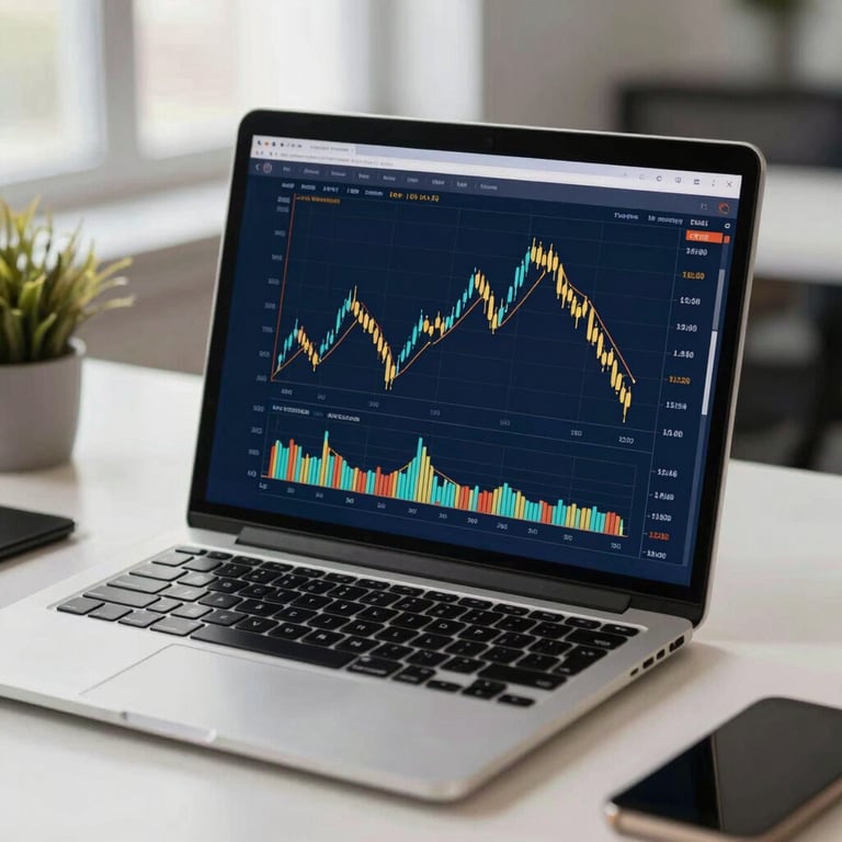 A detailed shot of a laptop displaying financial charts on a clean desk with a navy blue and gold color scheme in a US office.