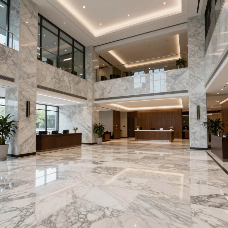 An expansive view of a modern US office lobby with marble floors and a professional, secure atmosphere.