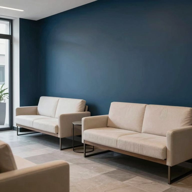 An elegant waiting area for clients with comfortable seating and professional lighting in a deep blue and off-white color palette.