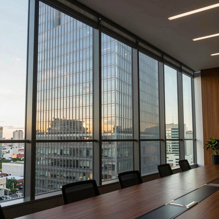 Interior of a glass-walled conference room in a Brazilian skyscraper during a bright afternoon with professional lighting.