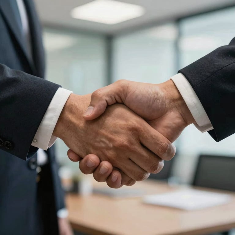 Close-up of a professional handshake in an office setting, representing reliability and partnership, South American context.