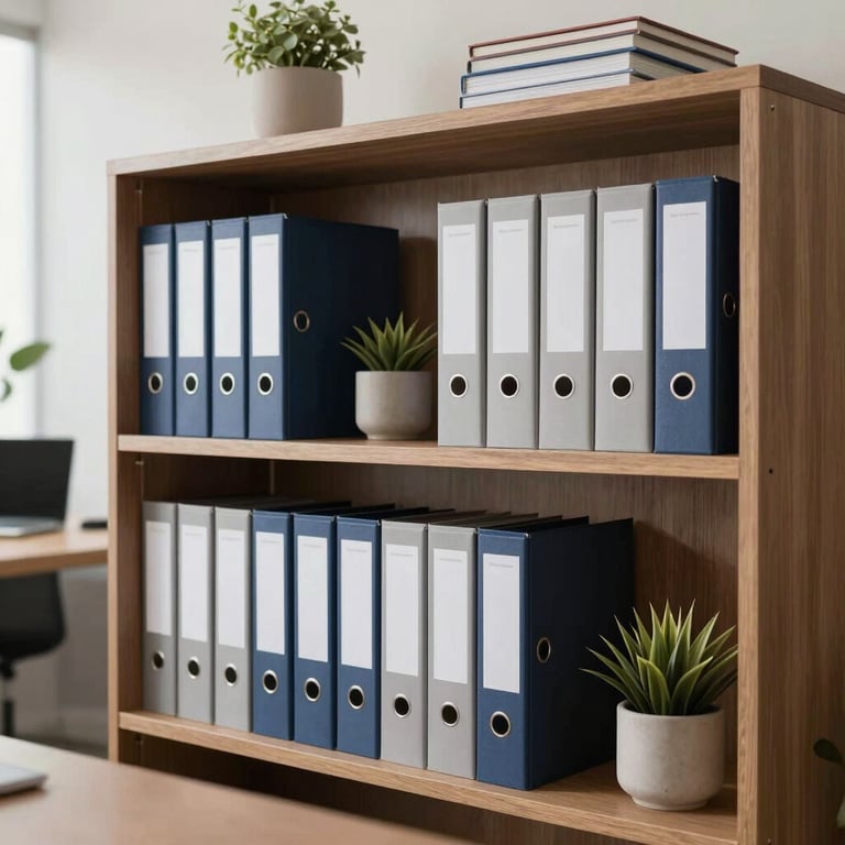 A sleek bookshelf in a modern office, containing organized folders and professional decor, light and airy Brazilian style.