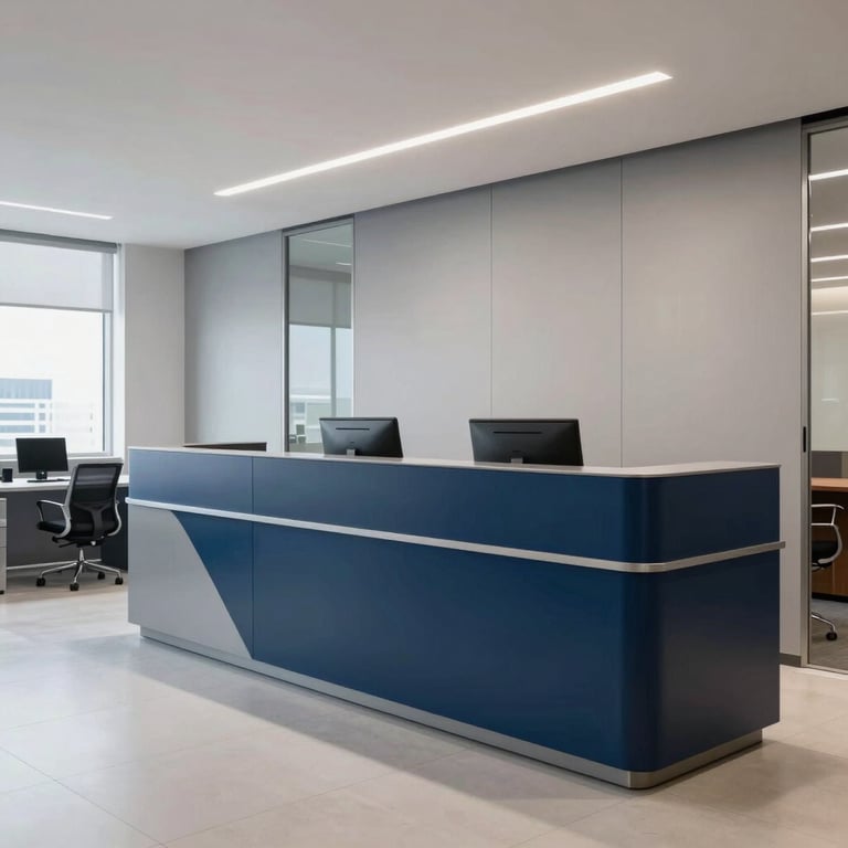 A modern Brazilian office reception area with clean lines and sophisticated furniture in shades of deep blue and light grey.