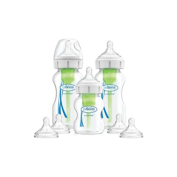 Complete babyflessen startset met anti-koliek ventiel en verschillende maten spenen.