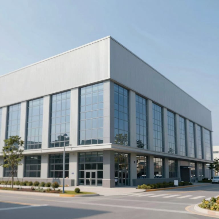 The completed facade of a modern industrial facility, clean lines, glass reflections, and professional finish.
